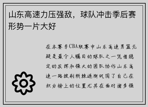 山东高速力压强敌，球队冲击季后赛形势一片大好