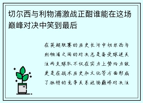 切尔西与利物浦激战正酣谁能在这场巅峰对决中笑到最后