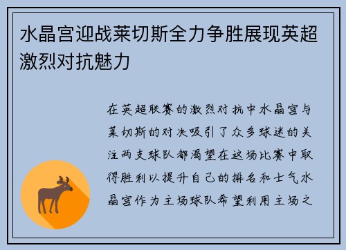 水晶宫迎战莱切斯全力争胜展现英超激烈对抗魅力