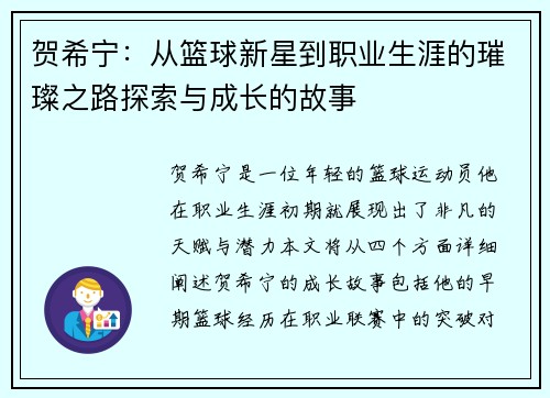 贺希宁：从篮球新星到职业生涯的璀璨之路探索与成长的故事