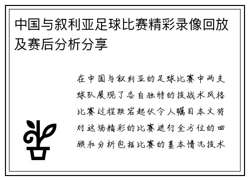 中国与叙利亚足球比赛精彩录像回放及赛后分析分享