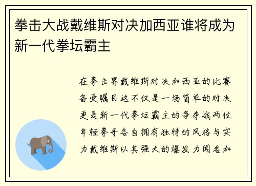 拳击大战戴维斯对决加西亚谁将成为新一代拳坛霸主