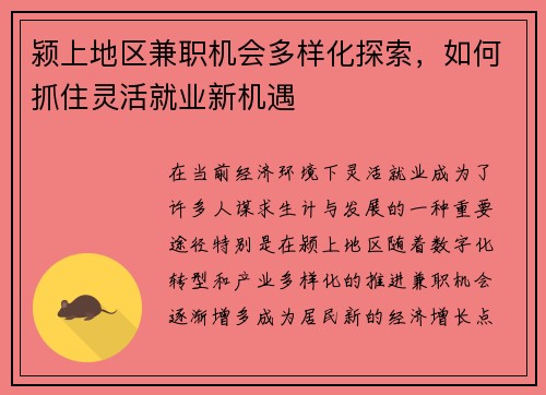 颍上地区兼职机会多样化探索，如何抓住灵活就业新机遇