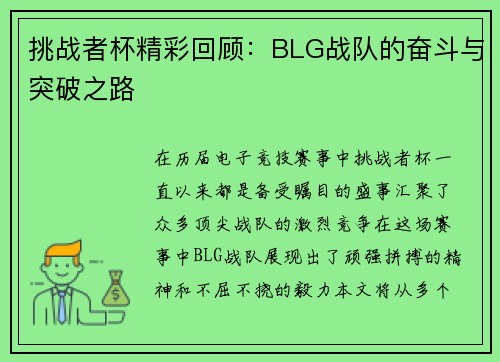 挑战者杯精彩回顾：BLG战队的奋斗与突破之路